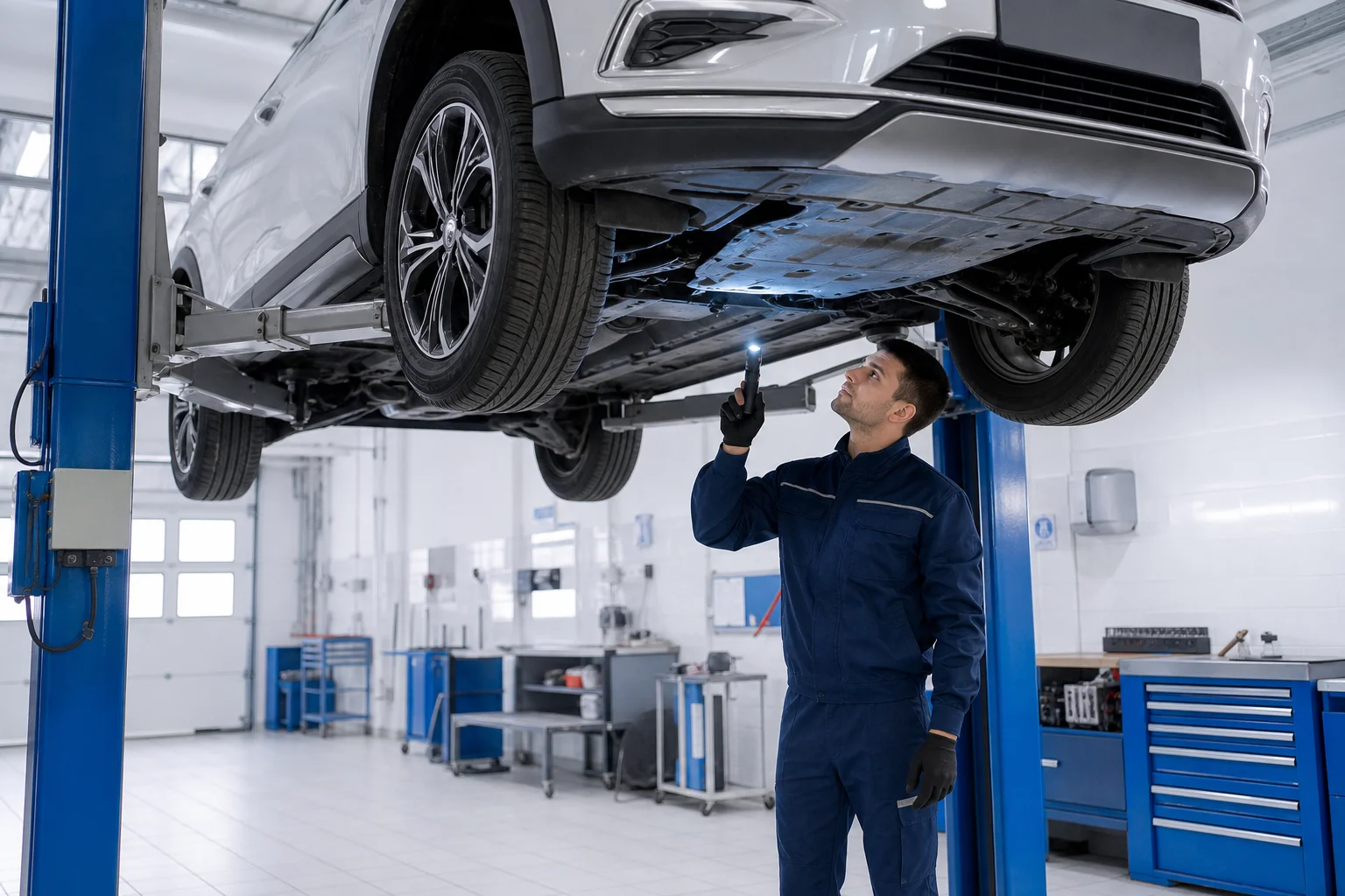 Werkstattlicht und Fahrzeugkontur ohne lesbare Kennzeichen